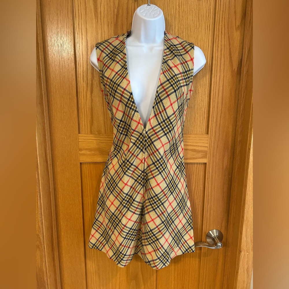 Vintage Plaid Sleeveless‎ Deep V Neck Front Zipper Fit & Flare Mod Mini Dress